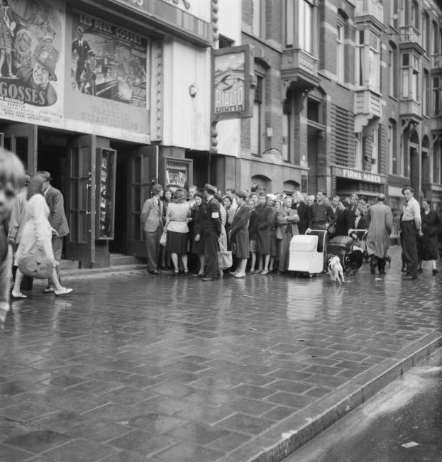 Schwarzes und weißes Bild einer Menschenmenge auf einer Straße mit einem Hund im Vordergrund, Gebäuden mit Fenstern und Plakaten im Hintergrund und einer Ampel an einem Mast.