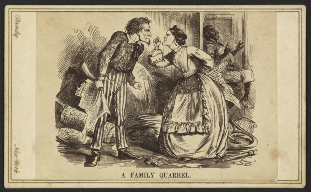 Ein Mann und eine Frau stehen in der Mitte des Bildes während eines Streits, wobei der Mann ein Objekt in der Hand hält und unten ein Text mit 'ein Familienstreit' zu sehen ist.