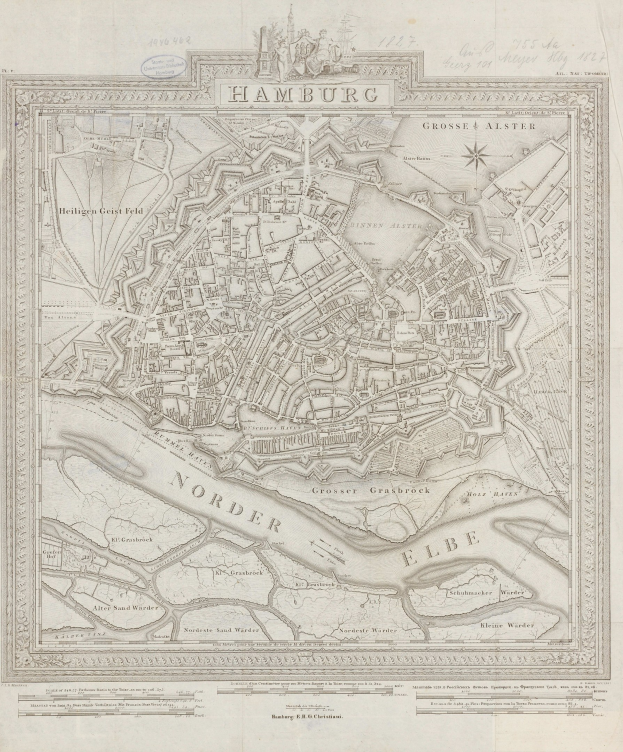 Alte Karte von Hamburg, Deutschland, auf Papier gedruckt, zeigt Straßen und Sehenswürdigkeiten mit klassischem Aussehen.