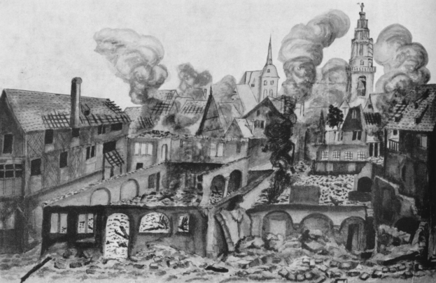 Eine Schwarz-Weiß-Zeichnung einer verwüsteten Stadtlandschaft mit Rauch, der aus den Gebäuden aufsteigt und Trümmer auf dem Boden verstreut, die das Ende der Deutschen Revolution zeigen.