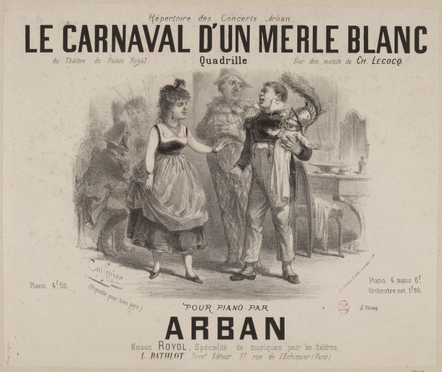 Ein Blatt mit einer Zeichnung eines Mannes und einer Frau in traditioneller Kleidung vor einem festlichen Karneval, betitelt mit "le carnaval d'un merle blanc."