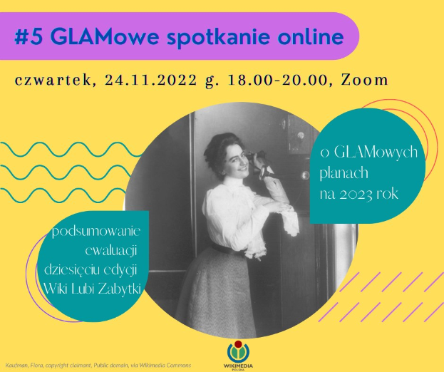 Plakat mit einer Frau in stylischem Outfit mit selbstbewusstem Ausdruck, Text lautet "5 glamowe spotkanie online" in fetter Schrift.