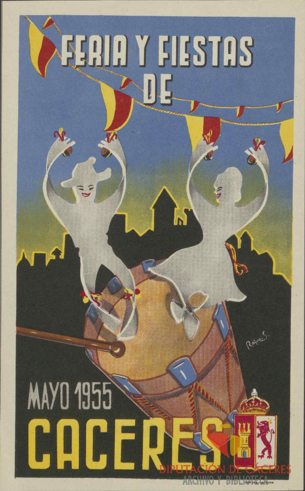 Ein buntes Plakat wirbt für das "Feria y Fiestas de Caceres"-Faschingsfest in Cáceres, Spanien, mit Menschen in traditioneller Kleidung, einem hellgelben Hintergrund und Veranstaltungseinzelheiten.