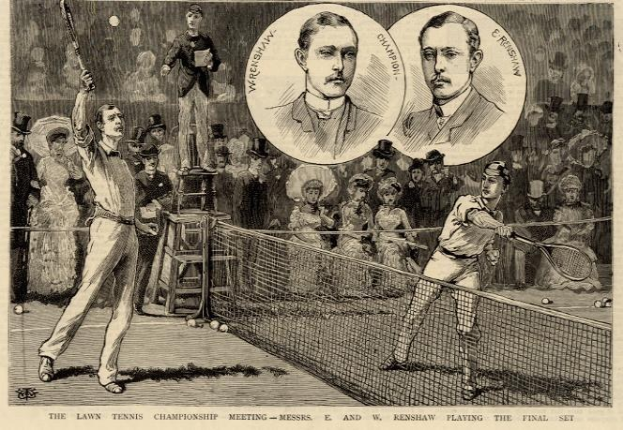 Schwarz-weiß-Zeichnung von zwei Männern, die auf einem Platz mit Netz Tennis spielen, während eine Gruppe von Menschen im Hintergrund zuschaut, und ein Text unten lautet "The Lawn Tennis Championship Meeting - Messers, E und W Renshaw Playing the Final Set".