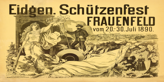 Ein Vintage-Plakat für das Eidgen Schützenfest in Frauenfeld, Deutschland, das einen Mann in einem Anzug und eine Frau in einem Kleid zeigt, die nebeneinander stehen, mit Veranstaltungdetails darauf.