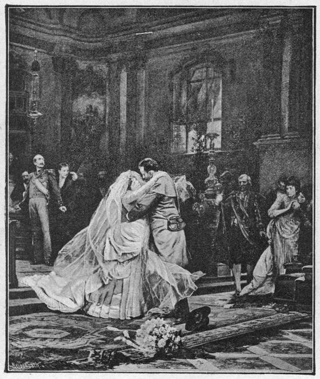 Schwarz-weißes Foto einer Braut und eines Bräutigams, die sich vor einer Menge küssen, mit einem Blumenstrauß auf dem Boden und einer fensterumrahmten Wand im Hintergrund.