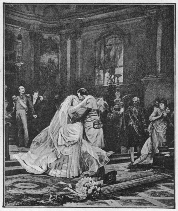 Schwarz-weißes Foto einer Braut und eines Bräutigams, die sich vor einer Menge küssen, mit einem Blumenstrauß auf dem Boden und einer fensterumrahmten Wand im Hintergrund.