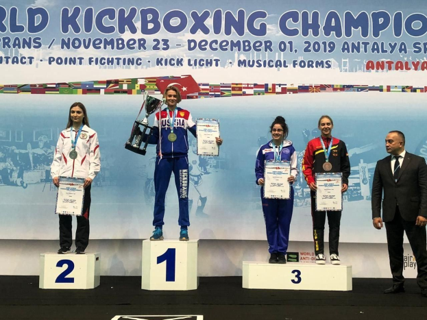 Fünf Menschen auf einem Podium mit Trophäen und Urkunden in den Händen, im Hintergrund ein Banner mit der Aufschrift "Welt-Kickbox-Meisterschaft Antalya 2019".