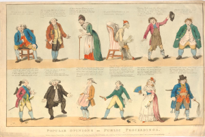 Zeitung mit Abbildungen von Menschen und handgeschriebenem Text, die die öffentliche Meinung zu Gerichtsverfahren veranschaulicht.