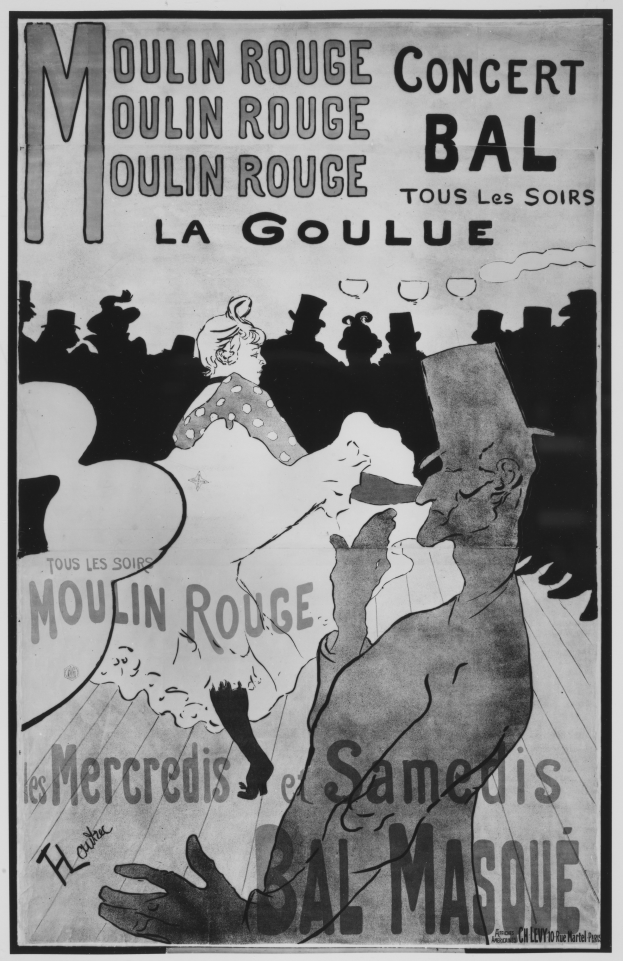 Ein Schwarz-Weiß-Plakat, das ein Moulin Rouge-Konzert in Paris ankündigt, mit einem tanzenden Mann und einer Frau und Text darauf.