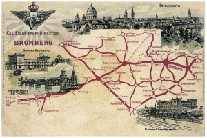 Ein detailliertes Plakat mit einer Karte von Bromberg, Deutschland, das Straßen, Gebäude, Bäume, eine Brücke und Text mit historischem und kulturellen Informationen zeigt.
