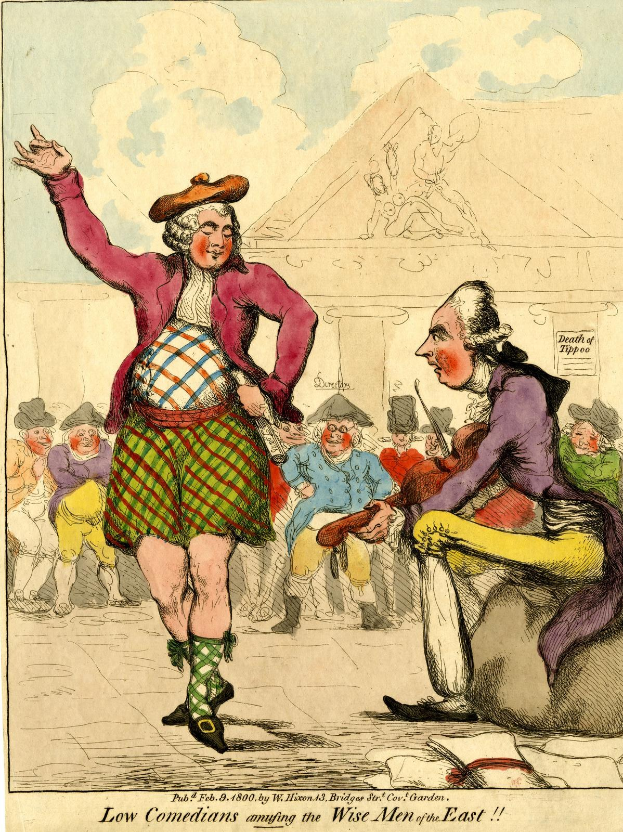 Zeichnung eines Mannes in einem Kilt und einer Frau in einem Kleid, die vor einem Publikum auf einer Bühne stehen, mit einem Gebäude im Hintergrund und einer bewölkten Sonne, und der Unterschrift 'Niedrige Komiker amüsieren die weisen Männer des Ostens' unten.