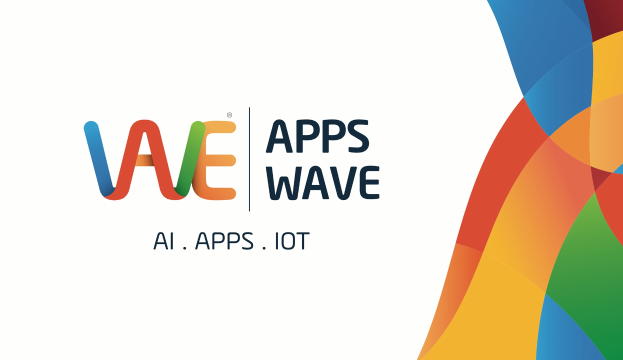 Farbenfrohes Design mit den Wörtern "KI, Apps, IoT" auf einem weißen Hintergrund.