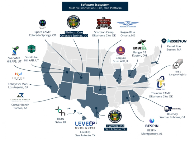 Eine Karte der Vereinigten Staaten mit Überlagerung von Firmenlogos und Text, der die Standorte von Software-Ökosystem-Geschäften anzeigt.