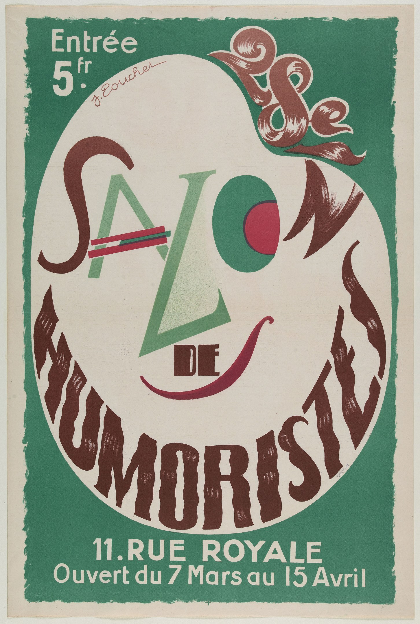 Plakat, das eine Humoristenshow in Paris, Frankreich, ankündigt und Text, der die Angebote beschreibt.