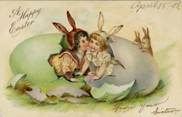Altmodische Ostern-Grußkarte mit zwei Kindern in einem Ei umgeben von Hasen, mit Text, der einen fröhlichen Ostergruß wünscht.