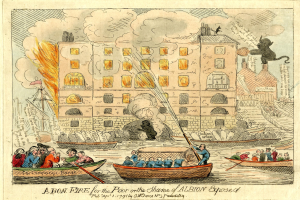 Cartoon-Illustration eines Lagerfeuers vor einem Gebäude mit Menschen in Booten auf dem Wasser, begleitet von Text, der 'Ein Lagerfeuer für die Armen auf der Schande von Albion offenbart' lautet.