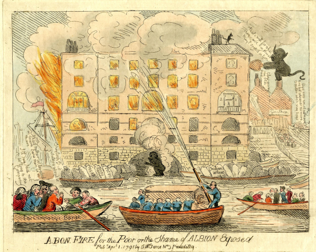 Cartoon-Illustration eines Lagerfeuers vor einem Gebäude mit Menschen in Booten auf dem Wasser, begleitet von Text, der 'Ein Lagerfeuer für die Armen auf der Schande von Albion offenbart' lautet.