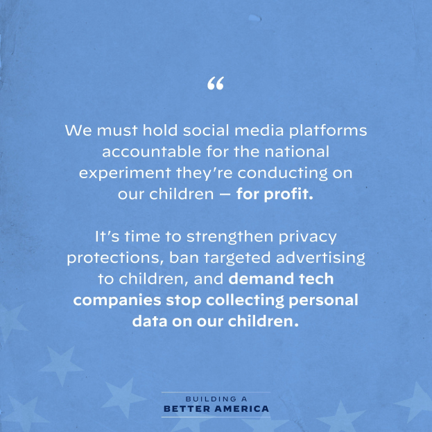 Ein Plakat mit einem Zitat aus Building a Better America, das besagt: "Wir müssen die sozialen Medien-Plattformen für das nationale Experiment zur Verantwortung ziehen, das sie an unseren Kindern durchführen - zum Profit.", dekoriert mit Sternen.