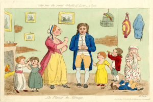 Eine Karikatur eines Mannes in einem blauen und weißen Kleid und einer Frau, die vor einer Gruppe von Kindern steht, mit Rahmen, einem Vogelkäfig und hingehängten Kleidern im Hintergrund und Text unten.