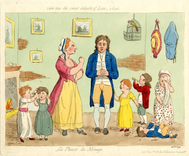 Eine Karikatur eines Mannes in einem blauen und weißen Kleid und einer Frau, die vor einer Gruppe von Kindern steht, mit Rahmen, einem Vogelkäfig und hingehängten Kleidern im Hintergrund und Text unten.