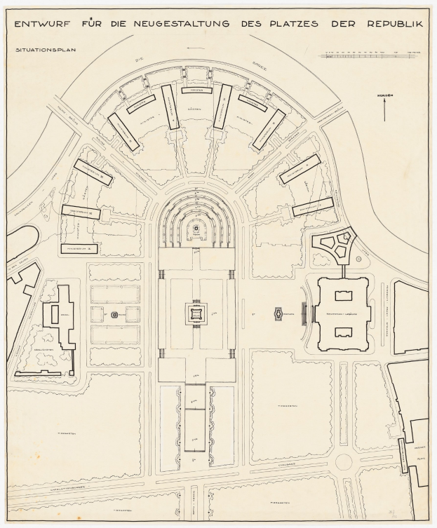 Ein detaillierter Stadtplan von Berlin, Deutschland, mit einer zentralen Gebäudeillustration und textuellen Informationen über die Anlage und die Umgebung.