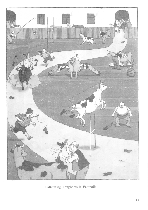 Eine Schwarz-Weiß-Zeichnung von einer Gruppe von Menschen und Tieren in einem Feld mit einer Wand und Fenstern im Hintergrund, mit dem Text "Zähigkeit im Fussball kultivieren" unten.