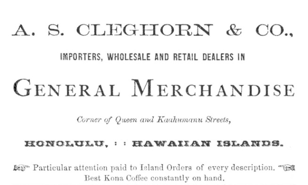 Schwarz-weiß-Papier mit der Aufschrift "A.S. Cleghorn & Co. Importeure, Groß- und Einzelhandelshändler für Allgemeine Handelswaren"
