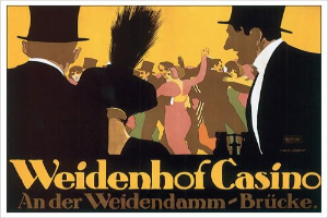 Ein Plakat wirbt für das Weidenhof Casino in Brücke, Deutschland, mit einer farbenfrohen Illustration von tanzenden und feiernden Menschen und der Aufschrift "Weidenhof" in fetter Schrift oben drauf, eingerahmt von einem schwarzen Rand.