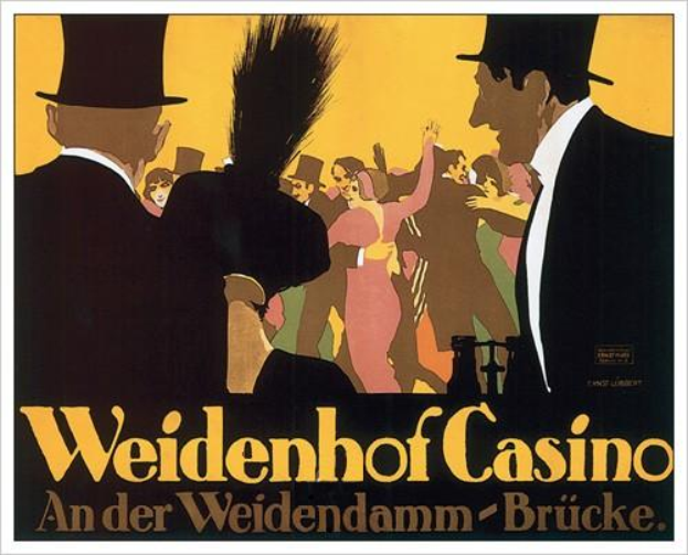 Ein Plakat wirbt für das Weidenhof Casino in Brücke, Deutschland, mit einer farbenfrohen Illustration von tanzenden und feiernden Menschen und der Aufschrift "Weidenhof" in fetter Schrift oben drauf, eingerahmt von einem schwarzen Rand.
