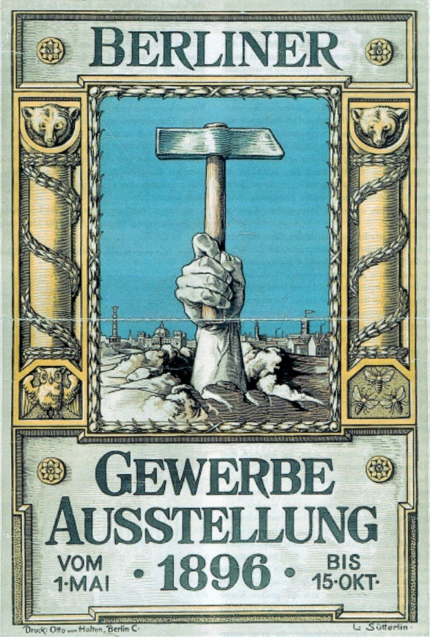 Plakat aus der Berliner Gewerbeausstellung von 1896, das eine Hand mit einem Hammer zeigt, wahrscheinlich für ein Berliner Event.