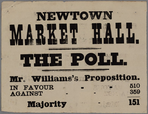 Papier mit handgeschriebener Textzeile "Newtown Market Hall, die Abstimmung, Herr Williams' Vorschlag für gegen Mehrheit".