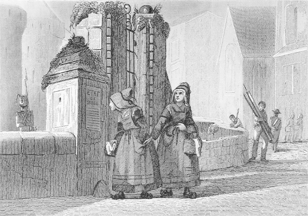 Schwarz-Weiß-Gravur Von Zweien Frauen, Die Vor Einem Gebäude Stehen, Mit Einigen Anderen Leuten Im Hintergrund, Betitelt "Victorianische Frauen In Der Stadt London."