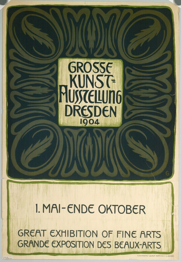 Plakat für die Große Kunstausstellung der Schönen Künste in Dresden, Deutschland, 1904, mit auffälliger Textwerbung.