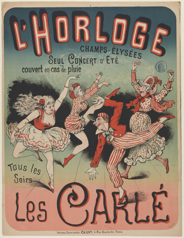 Ein farbenfrohes Konzertplakat für ein Event im Chorlage in Paris, das eine Gruppe von Menschen in bunten Kostümen mit strahlenden Gesichtern beim Tanzen zeigt, umgeben von auffälligem Text auf einem gelben Hintergrund.