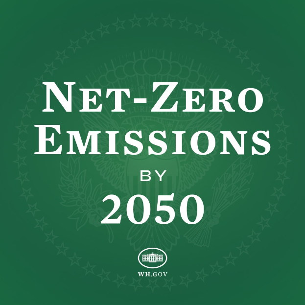 Grüner Hintergrund mit fettem weißem Text, der "net-zero emissions by 2050" liest