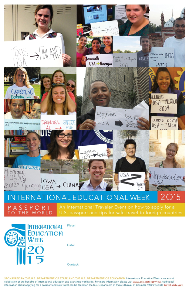 Internationaler Bildungswoche 2015 Plakat mit einer Gruppe strahlender Menschen, die Schilder mit texten zu Veranstaltungen halten.