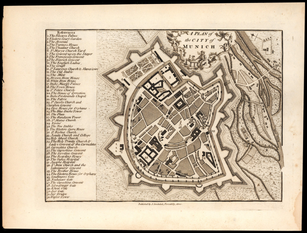 Ein altes Stadtplan von München, Deutschland, mit einem schwarzen Hintergrund, das detaillierte Straßen, Gebäude und Sehenswürdigkeiten zeigt, zusammen mit Text, der zusätzliche Informationen bereitstellt.