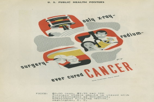 Plakat mit einem Mann in einem weißen Kittel und Stethoskop mit der Aufschrift "Operationen haben Krebs jemals geheilt?" vor einem hellrosa Hintergrund.