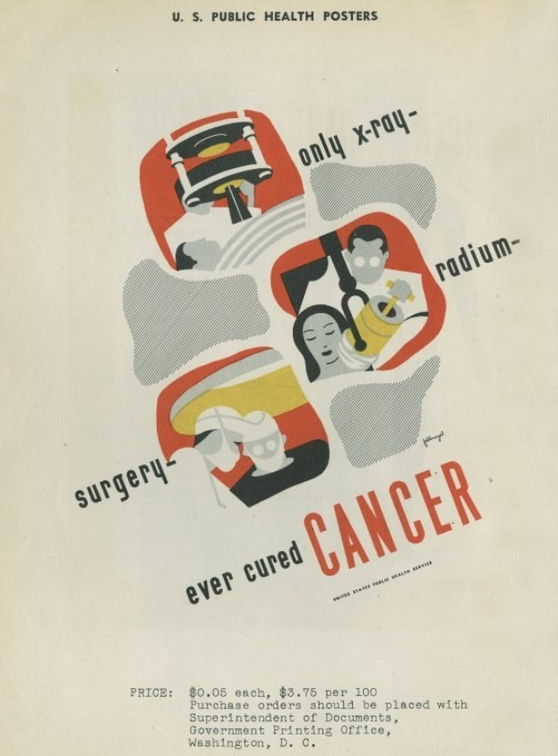 Plakat mit einem Mann in einem weißen Kittel und Stethoskop mit der Aufschrift "Operationen haben Krebs jemals geheilt?" vor einem hellrosa Hintergrund.