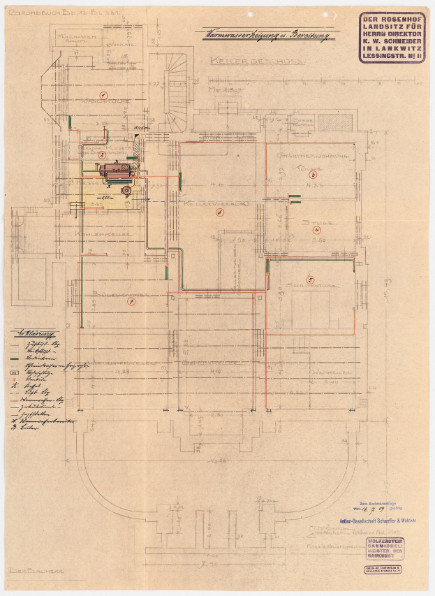 Schwarz-weißer Architekturplan vom Rosenhof-Krankenhaus in Hamburg, Deutschland, mit detaillierter Anordnung von zahlreichen Kabeln, Räumen, Fluren und Textanmerkungen auf altem Papier.