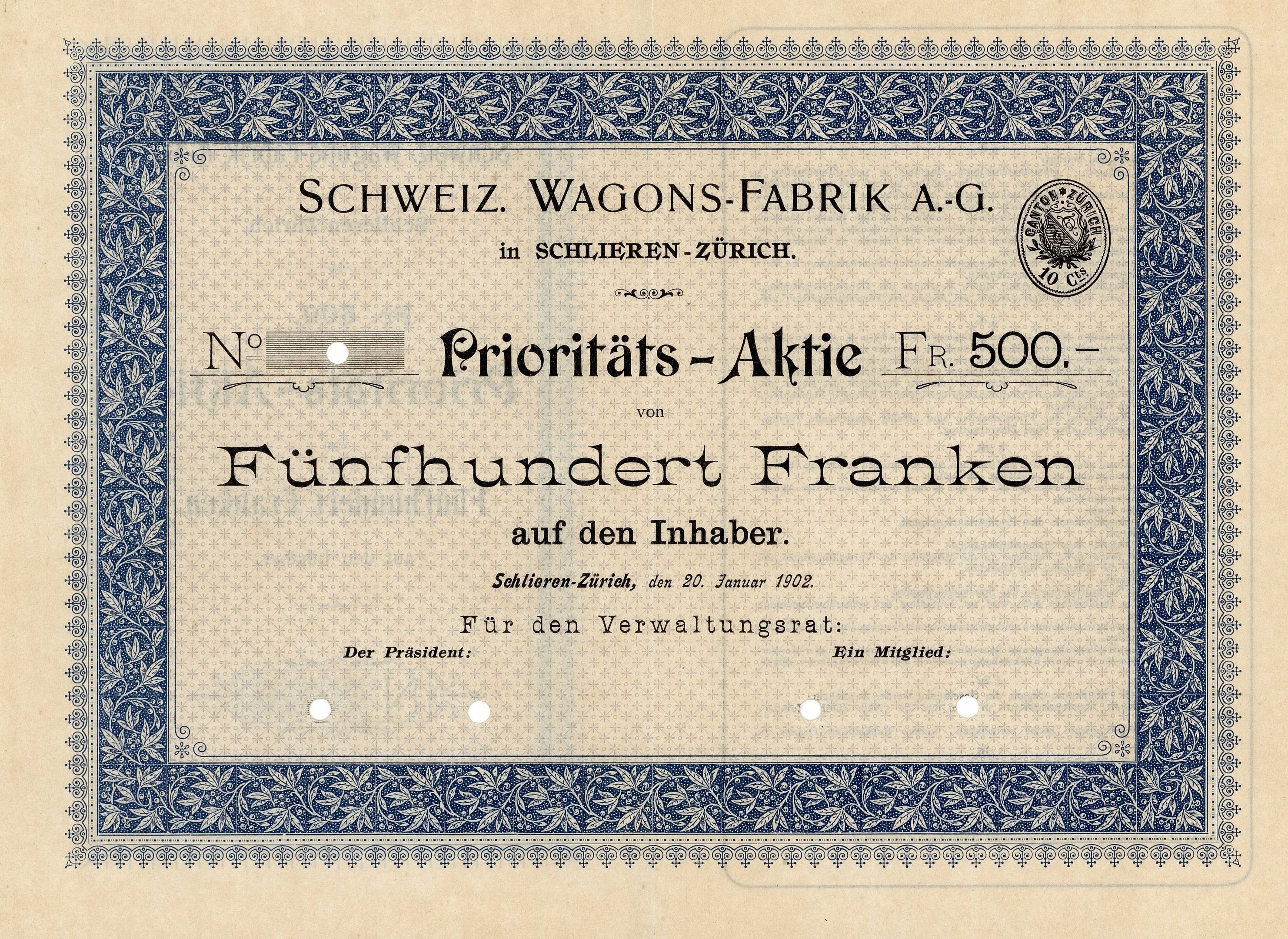 Altes deutsches Aktienzertifikat mit blauem Rand, das den Text 'Schweiz Wagons-Fabrik A.G.' trägt