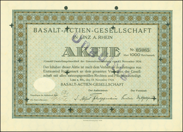 Rahmung alter Aktienbescheinigung der Basalt-Actien-Gesellschaft in Linz, Deutschland, mit gedrucktem und handgeschriebenem Text.