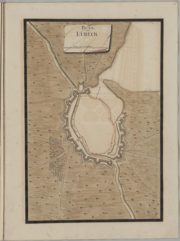 Ein detailliertes altes Buch mit einer Karte von Lübeck, das Straßen, Gebäude, Sehenswürdigkeiten und Text über die Bevölkerung, Geschichte und Kultur der Stadt zeigt.