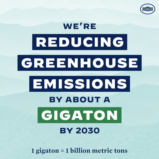 Plakat mit Text und Logo, das "Wir reduzieren die Treibhausgasemissionen um etwa eine Gigatonne bis 2030", für die Reduzierung von Treibhausgasen bis 2030 wirbt.