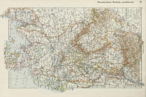 Eine Karte von Deutschland aus dem 19. Jahrhundert, die seine politischen Grenzen zeigt, gedruckt auf altem Papier mit beschreibendem Text oben und unten.