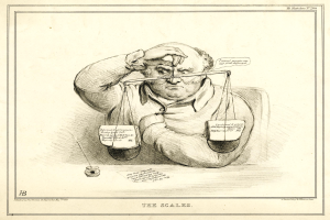 Ein Anwalt im Anzug sitzt an einem Tisch mit einer Waage vor ihm, die er mit Texten und Zahlen durchsieht.