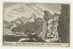 Schwarze und weiße Gravur einer Berglandschaft mit einem Schloss im Hintergrund, Hühgeln und Menschen, mit Text unten.