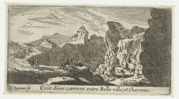 Schwarze und weiße Gravur einer Berglandschaft mit einem Schloss im Hintergrund, Hühgeln und Menschen, mit Text unten.