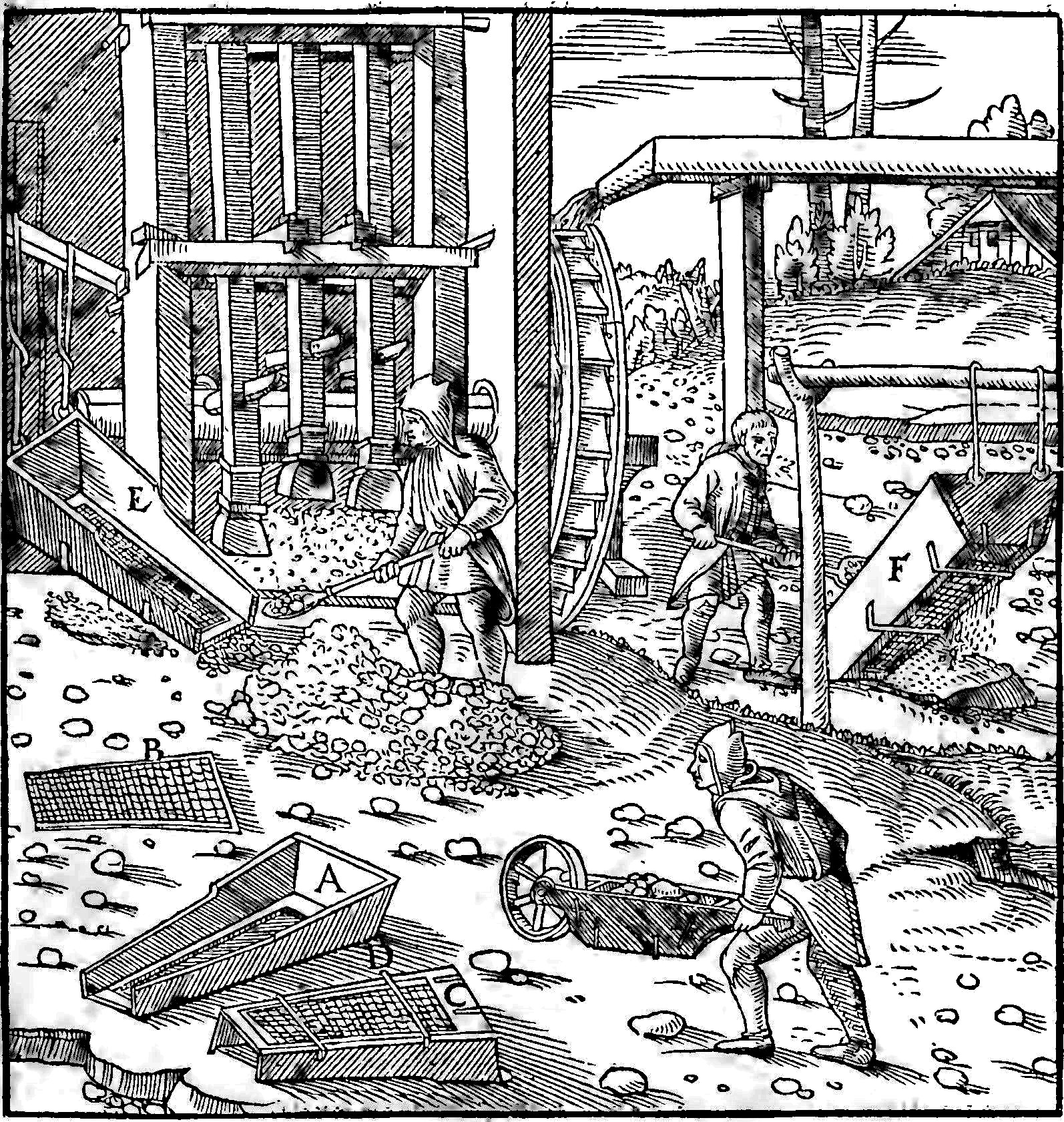 Schwarze und weiße Gravur eines Mannes in einem langen Mantel und Hut, der in einem 16. Jahrhundert Garten arbeitet, eine Schaufel und einen Handwagen hält, umgeben von Werkzeugen wie einer Harke, einem Rad und einem Eimer.